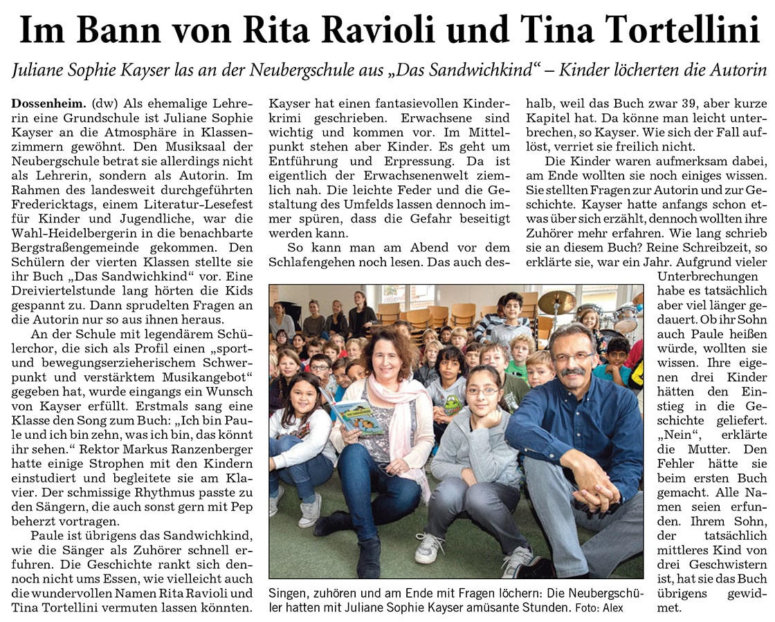 Zeitungsartikel über „Das Sandwichkind” - Lesung in der Neubergschule Dossenheim