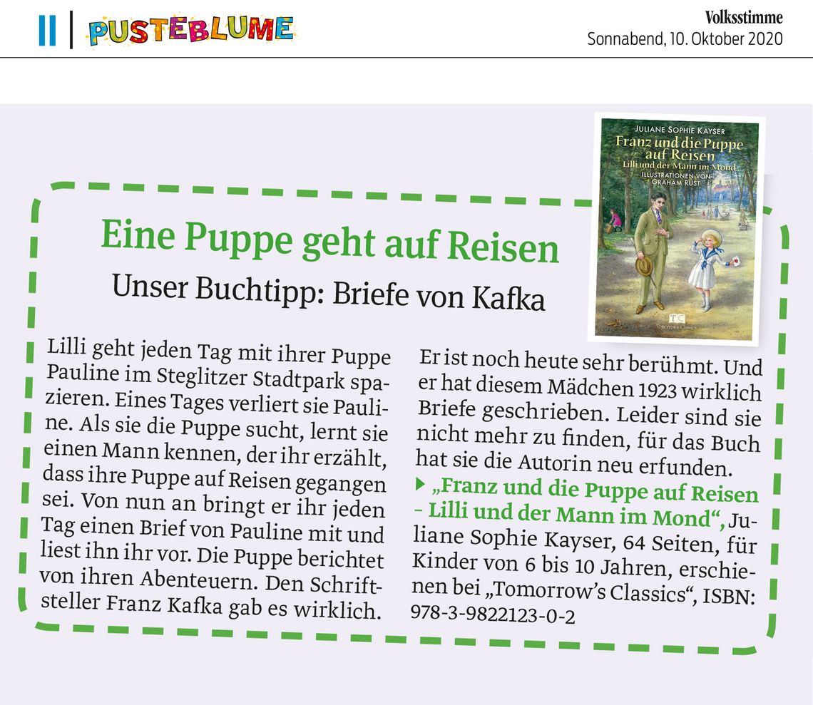 Artikel über das Buch „Franz und die Puppe auf Reisen” in der PUSTEBLUME KINDERZEITUNG