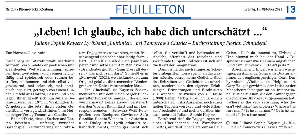 Bild eines Zeitungsausschnitts über das Buch „Luftlinien” in der Rhein-Neckar-Zeitung